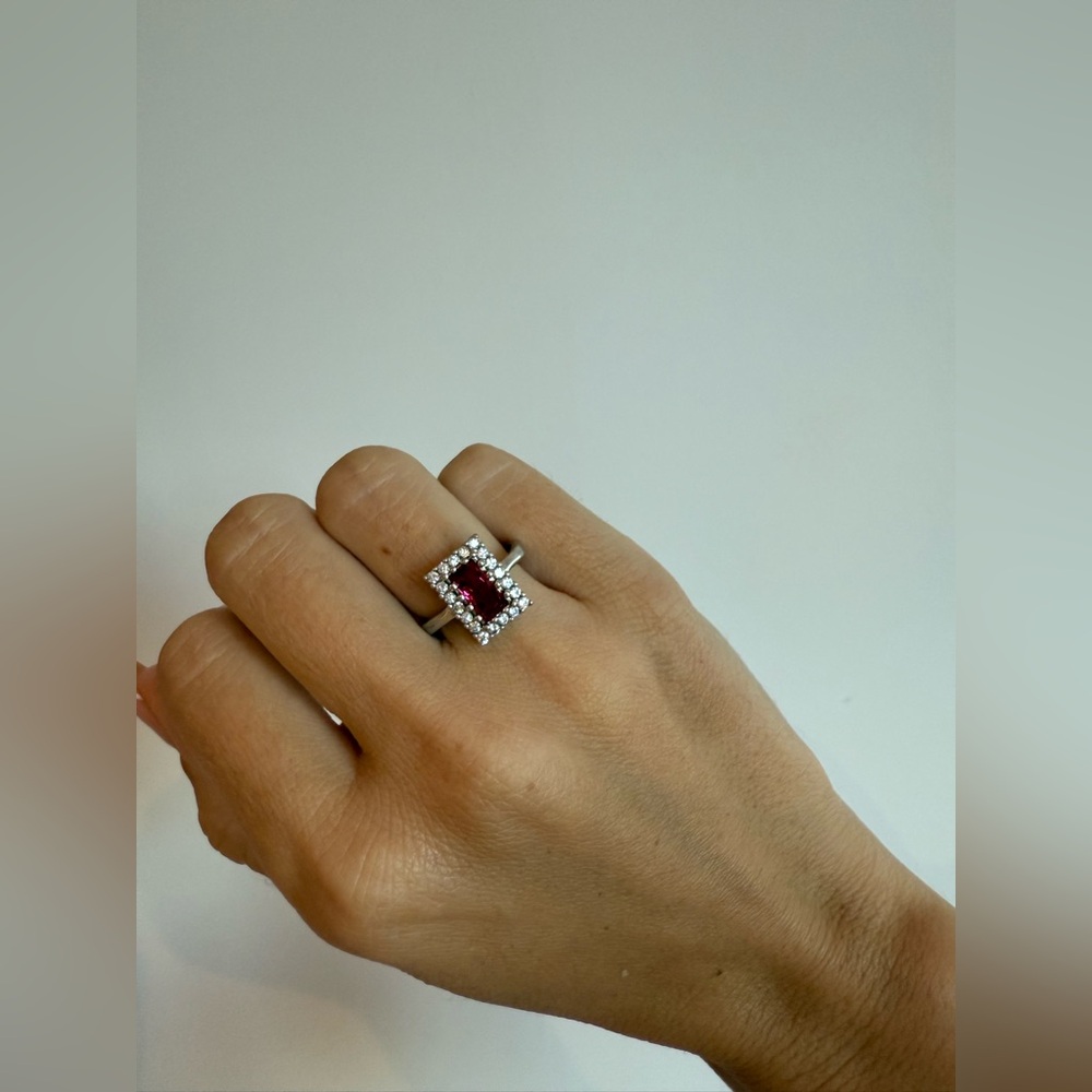 925 SILVER Ring with Red/hot pink Rectangular Center Stone & Halo-size 6 US
